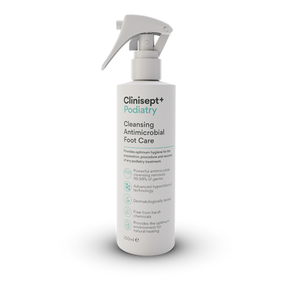 Clinisept+ Podiatry 250ml trigger spray bottle for professional and home foot care, showing the clear spray bottle with label