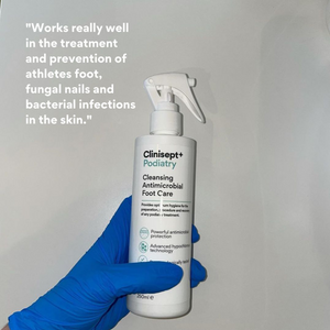 Clinisept+ Podiatry 250ml trigger spray bottle showing the clear spray bottle with label for professional and home use.