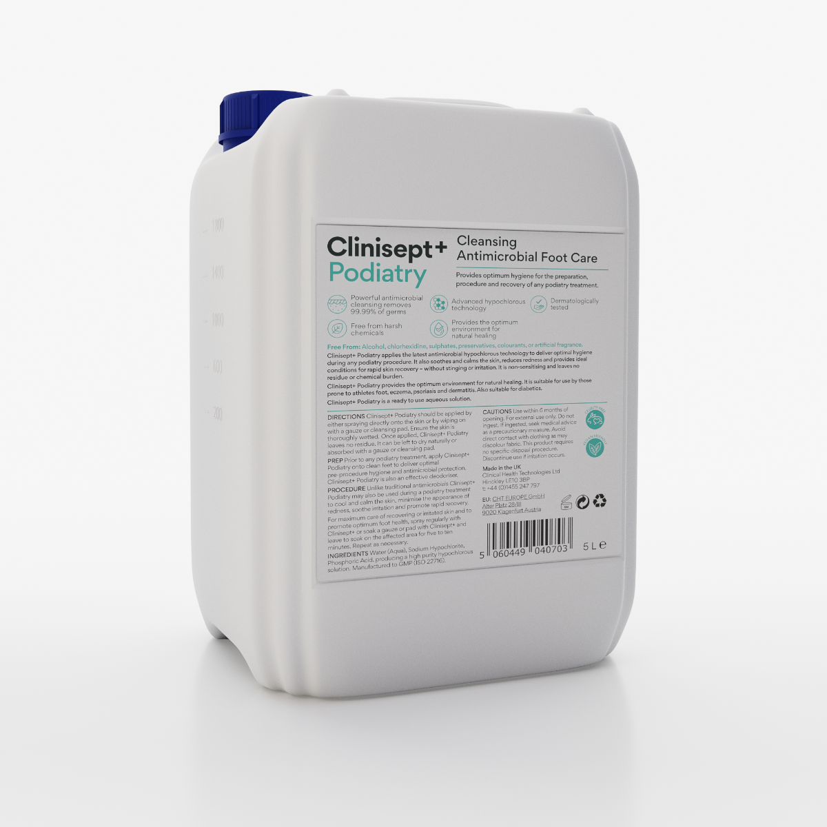 Clinisept+ Podiatry 5L container for professional use, sterile antiseptic solution for foot care and wound management.
