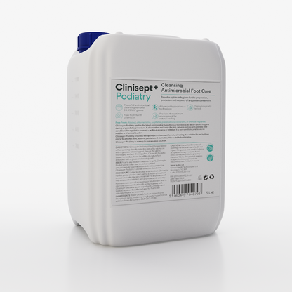 Clinisept+ Podiatry 5L container for professional use, sterile antiseptic solution for foot care and wound management.