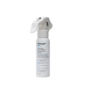 Clinisept+ Skin 100ml bottle with clear liquid, label showing Clinisept brand and product name, upright on a plain background.