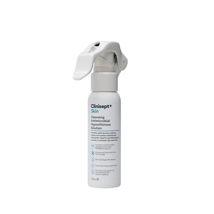 Clinisept+ Skin 100ml bottle with clear liquid, label showing Clinisept brand and product name, upright on a plain background.