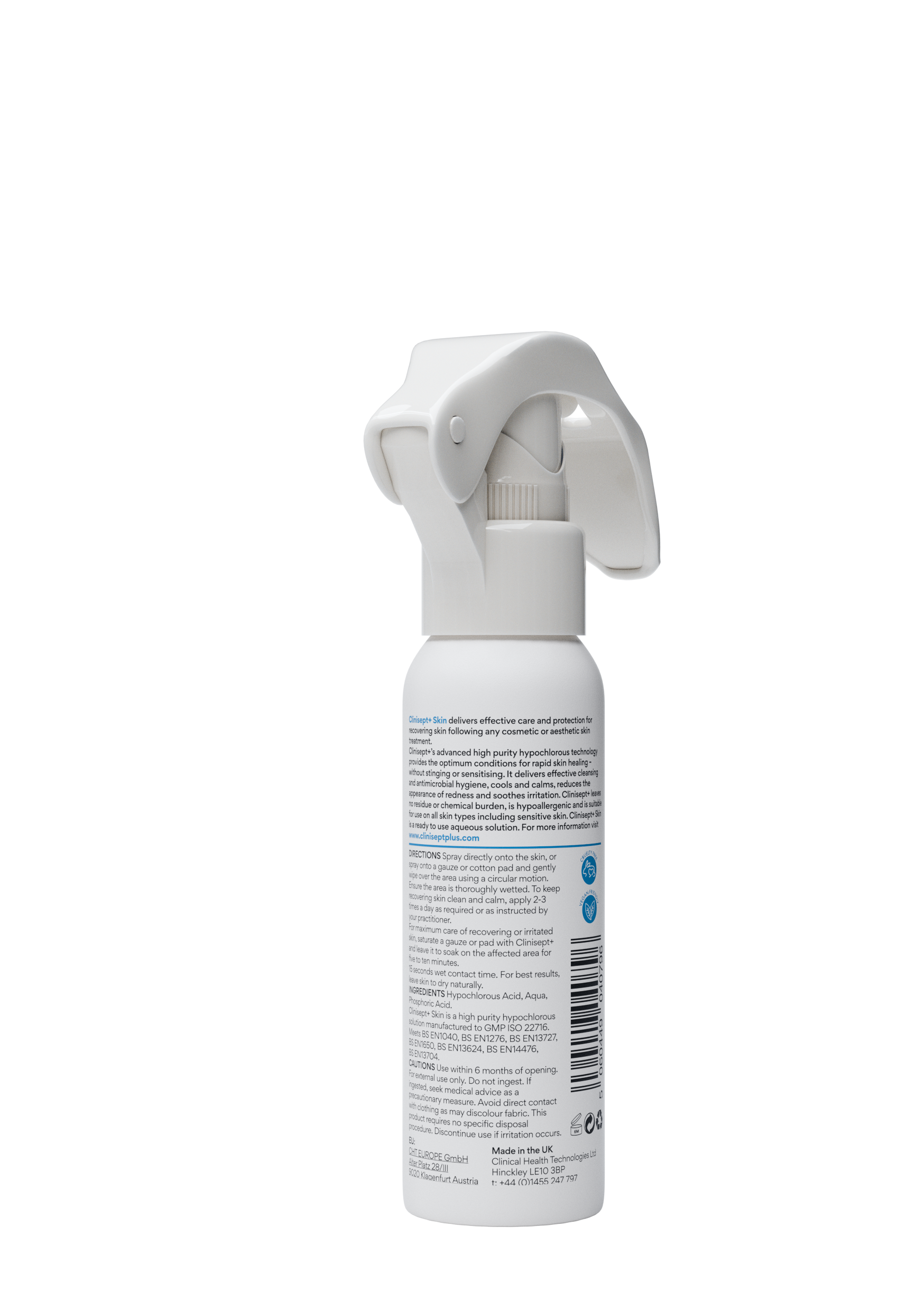 Clinisept Skin 100ml bottle with clear label and blue cap, used for skin cleansing and soothing skincare routines.