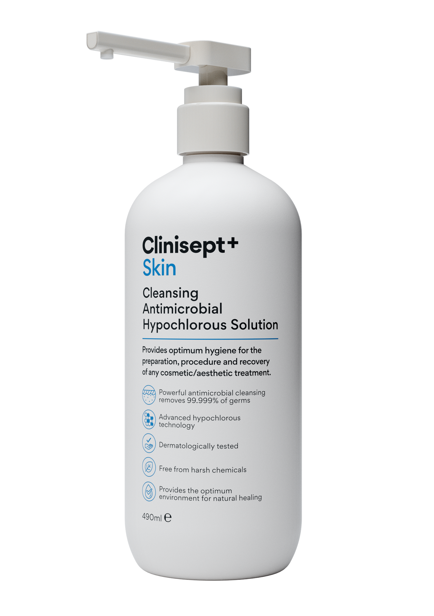 Clinisept+ Skin 490ml bottle with clear label, containing antiseptic skin disinfectant solution.