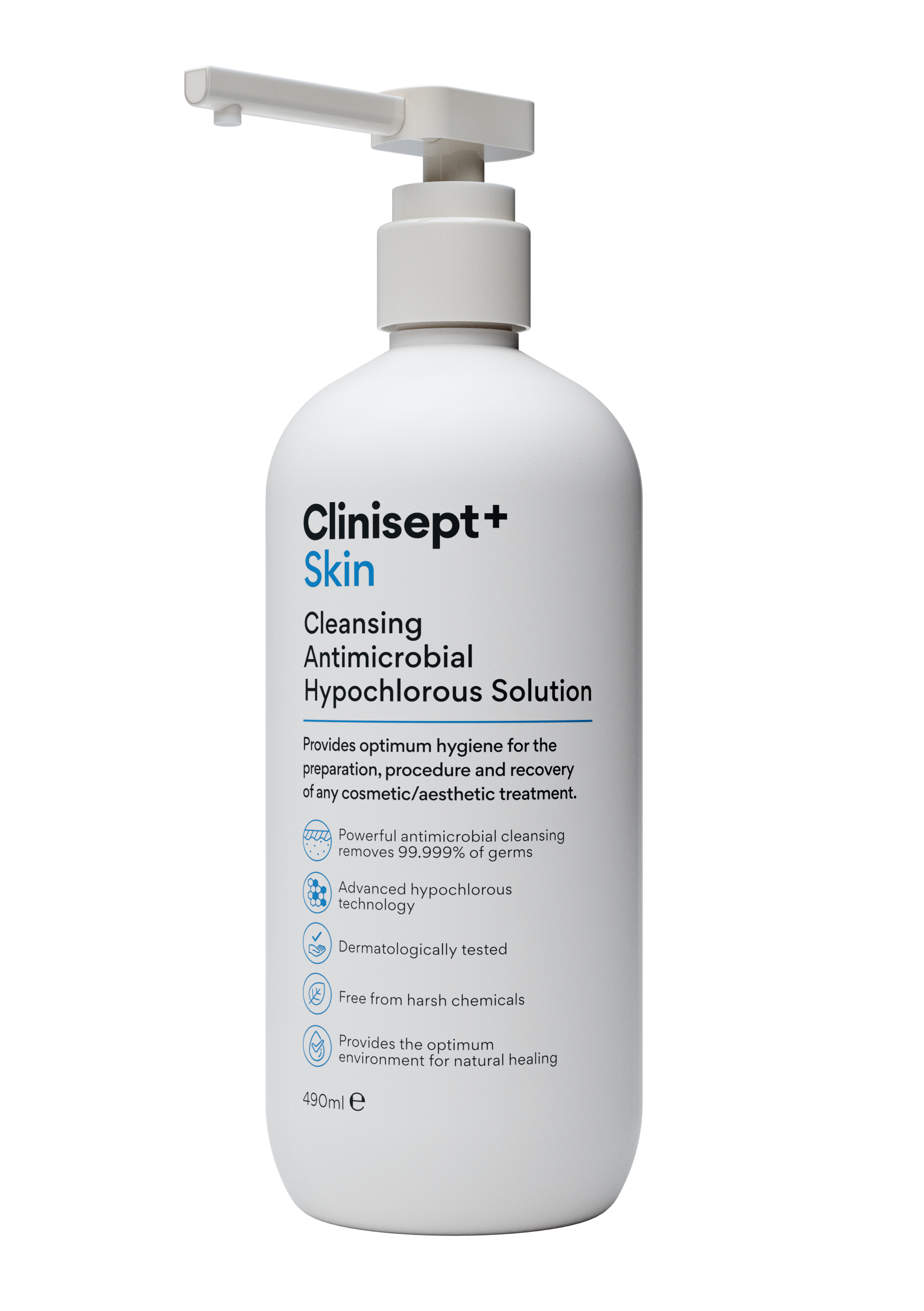 Clinisept+ Skin 490ml bottle with clear label, containing antiseptic skin disinfectant solution.