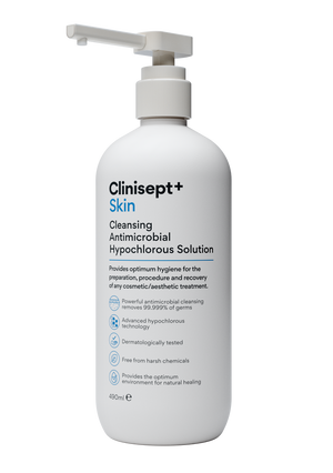 Clinisept+ Skin 490ml bottle with clear label, containing antiseptic skin disinfectant solution.