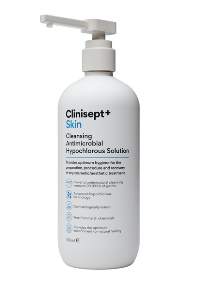 Clinisept+ Skin 490ml bottle with clear label, containing antiseptic skin disinfectant solution.