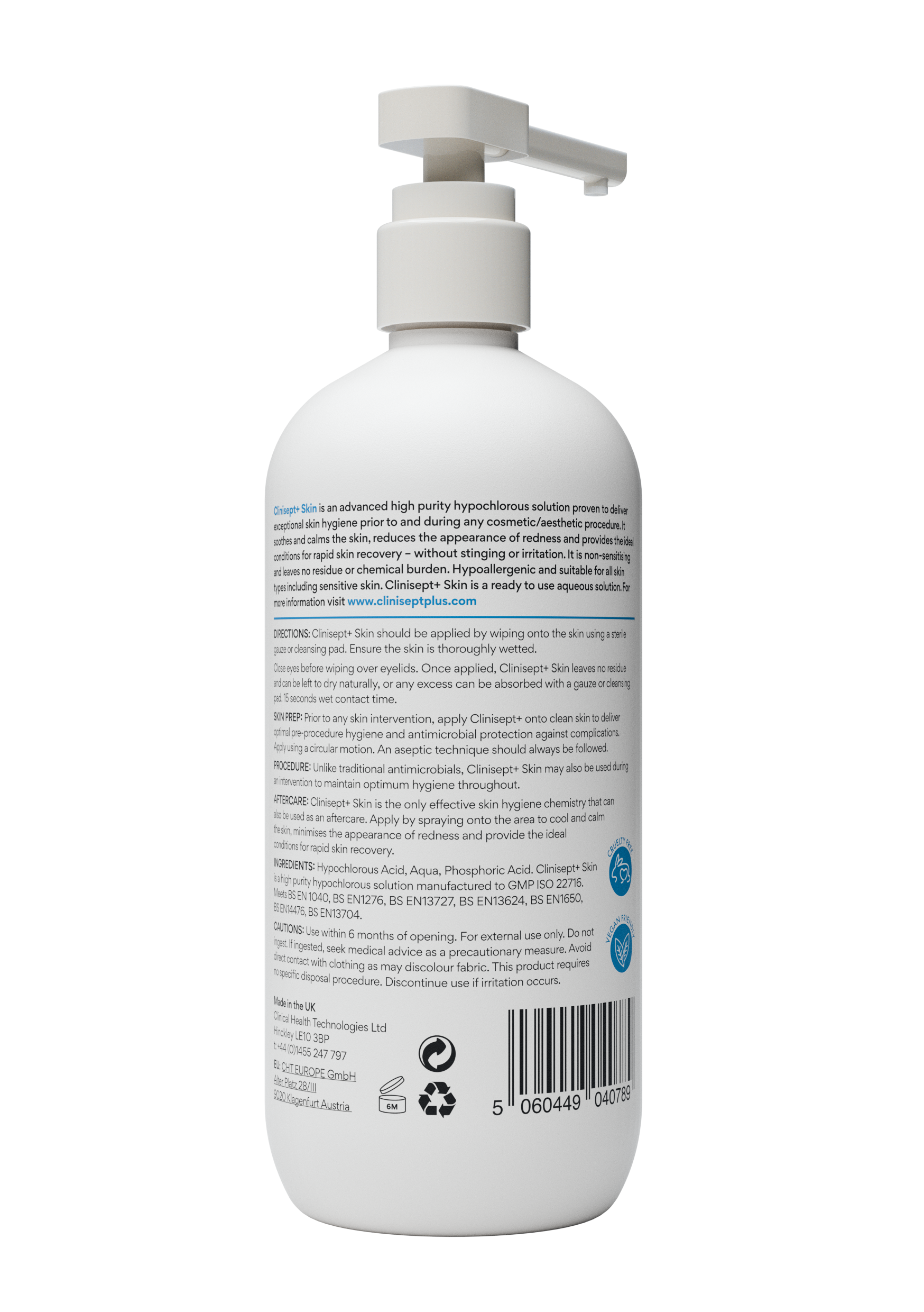Clinisept+ Skin 490ml bottle showing clear disinfectant solution in a transparent container with a white cap.