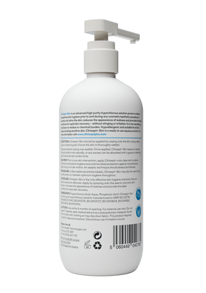 Clinisept+ Skin 490ml bottle showing clear disinfectant solution in a transparent container with a white cap.