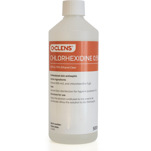 Co-Clens 0.5% Chlorhexidine in 70% Ethanol clear disinfectant bottle with screw cap, 500ml container for cleaning and sanitation.