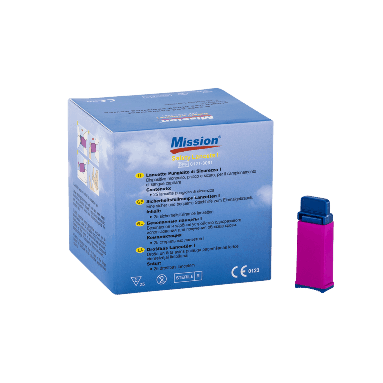 Box of 25 Connect 21G safety lancets with protective caps, designed for safe blood sampling and testing.