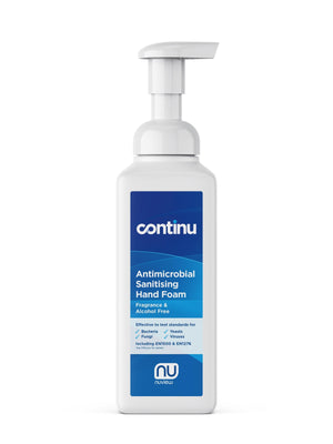 Continu hand foam 600ml bottle with pump dispenser, showing the label and packaging for hand sanitizer or foam cleanser.