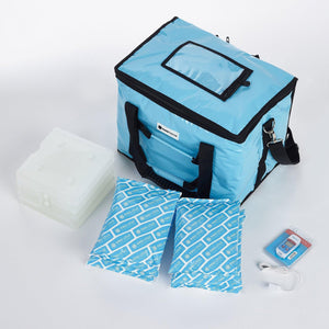 CorrMed 20L vaccine bag with accessories, featuring insulated compartments and secure zippers for medical vaccine transportation.