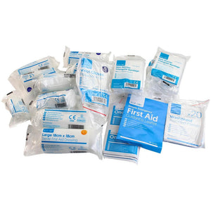 Crest Medical 1-10 Person HSE First Aid Kit refill with bandages, antiseptic wipes, and medical supplies in a compact kit.