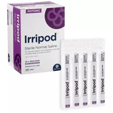 20ml Crest Medical Irripod Sodium Chloride irrigation pods 0.9% in a box of 25, suitable for medical wound cleansing and irrigation.