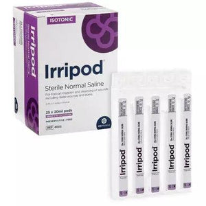 20ml Crest Medical Irripod Sodium Chloride irrigation pods 0.9% in a box of 25, suitable for medical wound cleansing and irrigation.