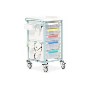 Bristol Maid mild steel phlebotomy trolley with five caretrays, sharps box holder and push handle