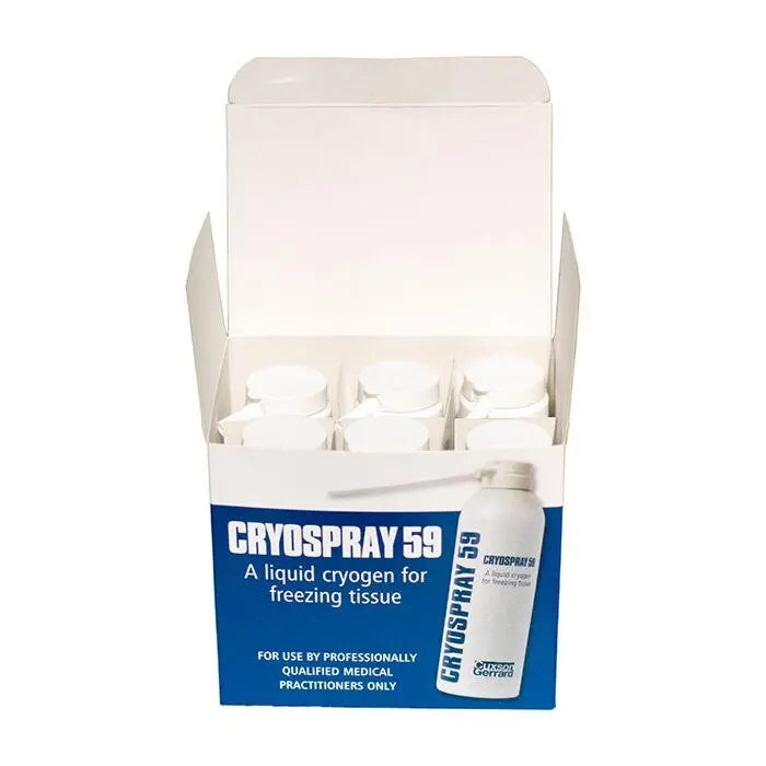 Cuxson Gerrard Cryospray in 6 cans, 50ml each, showing the aerosol cans with white and blue branding and product labeling.