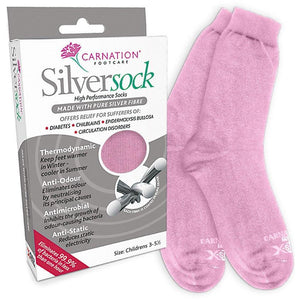 Pink children's silver socks from Cuxson Gerrard, size 4-7, featuring soft fabric and comfortable fit for kids.