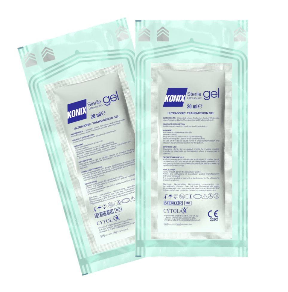 Cytolax Konix sterile ultrasound gel in double-wrapped 20ml sachet, pack of 48, used for medical ultrasound procedures.