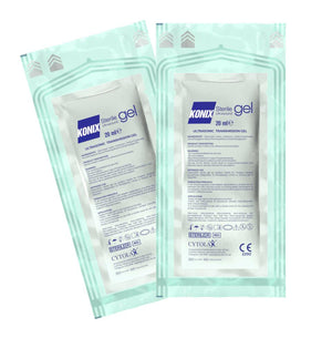 Cytolax Konix sterile ultrasound gel in double-wrapped 20ml sachet, pack of 48, used for medical ultrasound procedures.