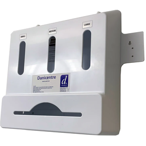 Danicentre standard glove and apron dispenser mounted on a wall, with multiple slots for storing gloves and aprons.