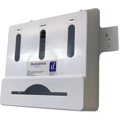 Danicentre standard glove and apron dispenser mounted on a wall, with multiple slots for storing gloves and aprons.