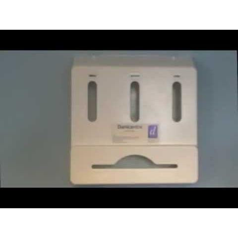Danicentre standard glove and apron dispenser mounted on wall, with open compartments for easy access and organization.