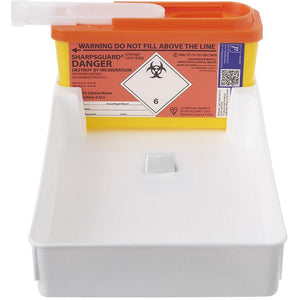 Daniels POUDS combination tray and sharps bin bracket mounted on a wall for medical waste disposal.