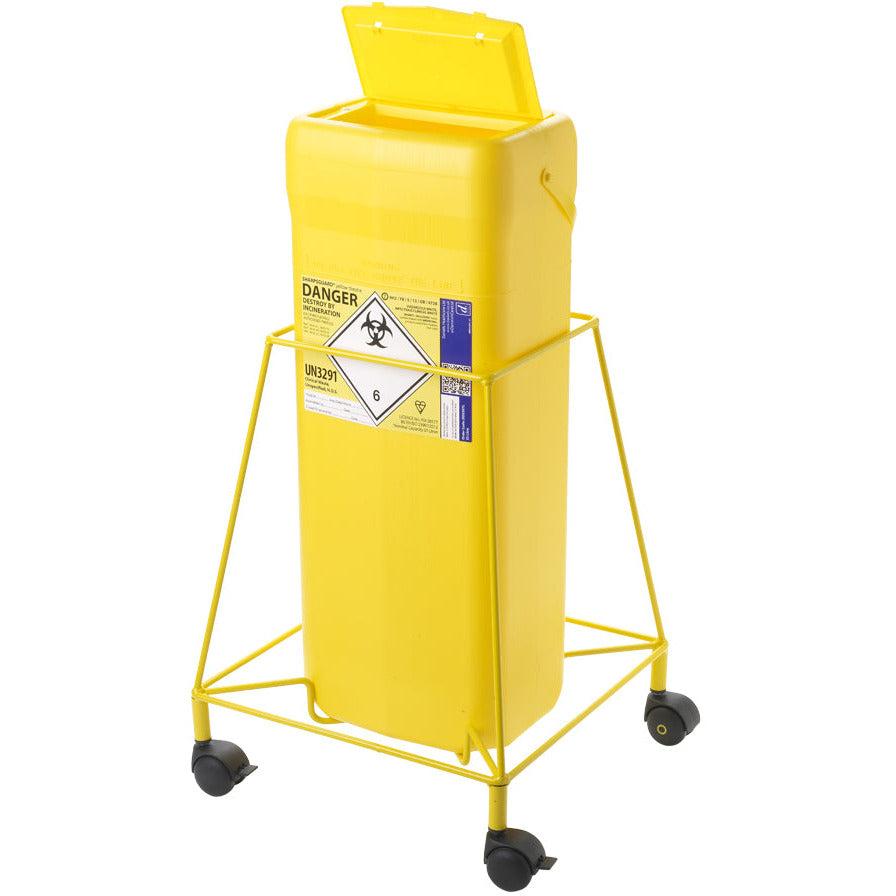 Daniels POUDS Theatre Mobile Sharps Bin Bracket 35L mounted on wall, designed for safe disposal of sharps in medical settings.