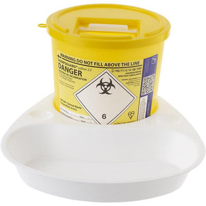 Daniels POUDS Tray 2.5 sharps bin bracket mounted on a wall for safe disposal of needles and sharps.