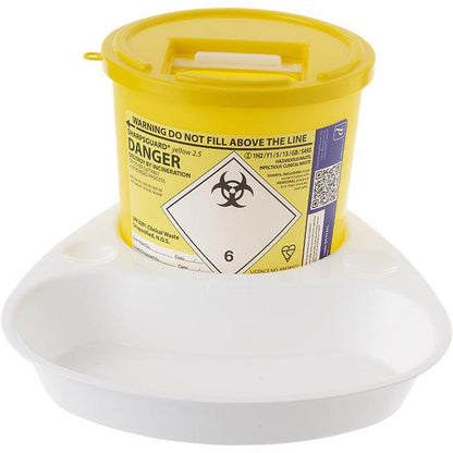 Daniels POUDS Tray 2.5 sharps bin bracket mounted on a wall for safe disposal of needles and sharps.