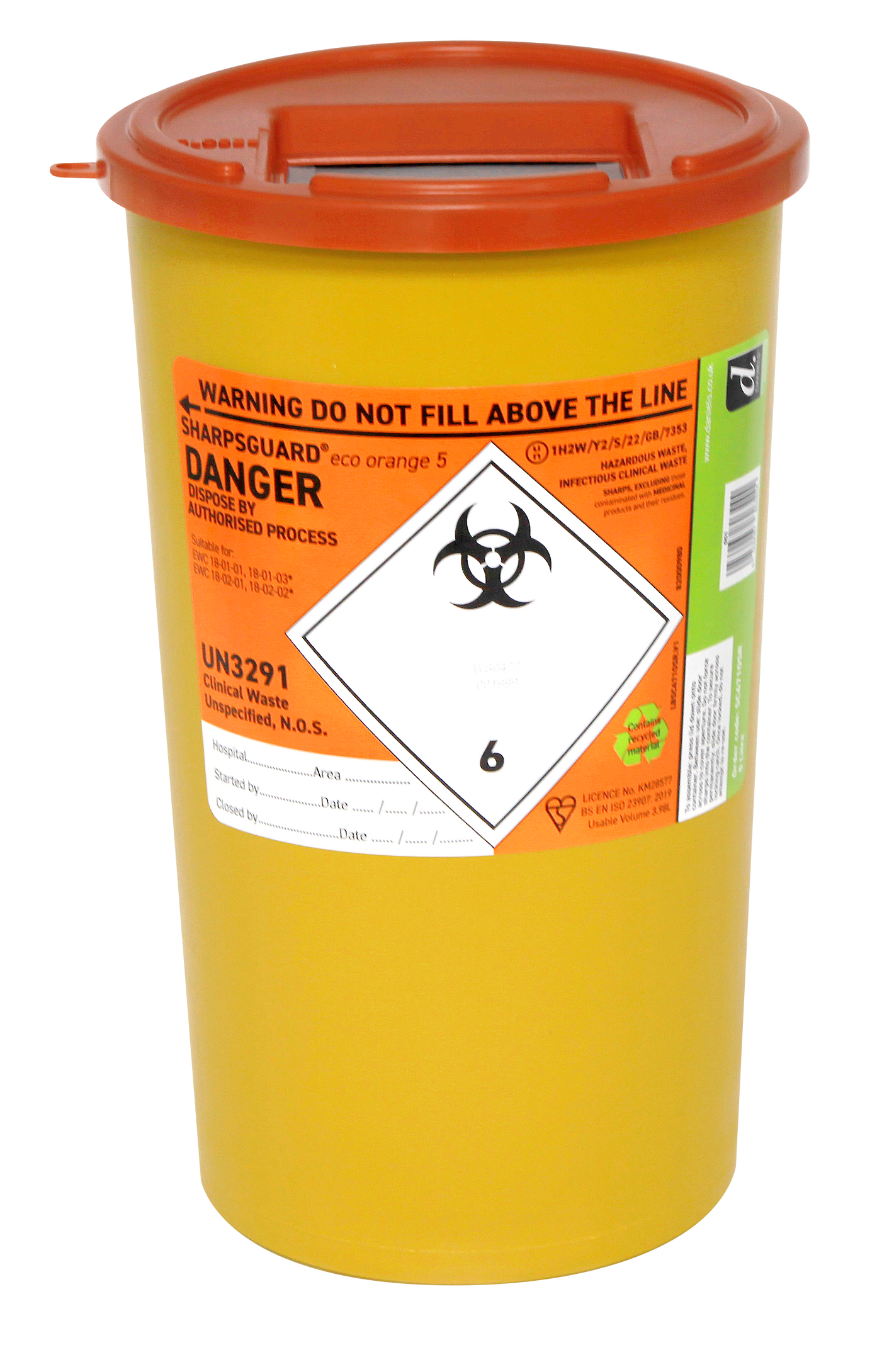 Orange 5-liter Sharpsguard sharps disposal bin by Daniels, with lid and clear labeling for safe medical waste disposal.