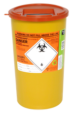 Orange 5-liter Sharpsguard sharps disposal bin by Daniels, with lid and clear labeling for safe medical waste disposal.