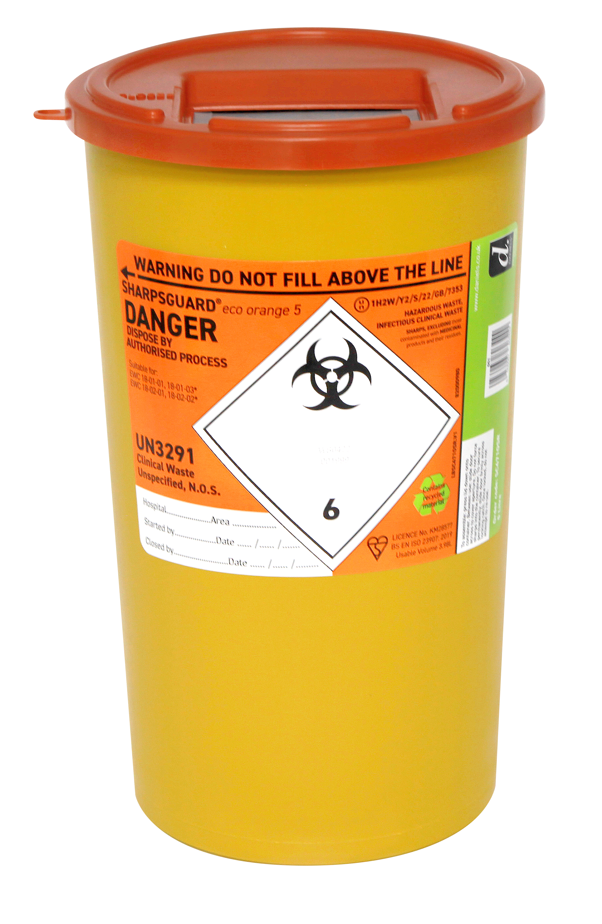 Orange 5-liter Sharpsguard sharps disposal bin by Daniels, with lid and clear labeling for safe medical waste disposal.