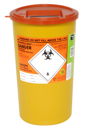 Orange 5-liter Sharpsguard sharps disposal bin by Daniels, with lid and clear labeling for safe medical waste disposal.