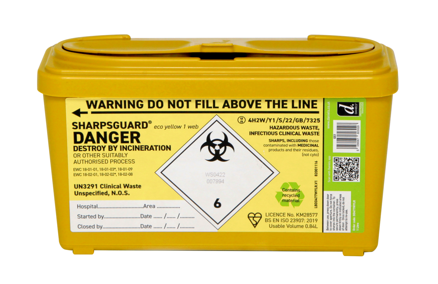 Yellow 1-liter Daniels Sharpsguard sharps disposal bin for medical and needle waste, shown with lid and compact design