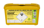 Yellow 1-liter Daniels Sharpsguard sharps disposal bin for medical and needle waste, shown with lid and compact design