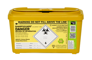 Yellow 1-liter Daniels Sharpsguard sharps disposal bin for medical and needle waste, shown with lid and compact design