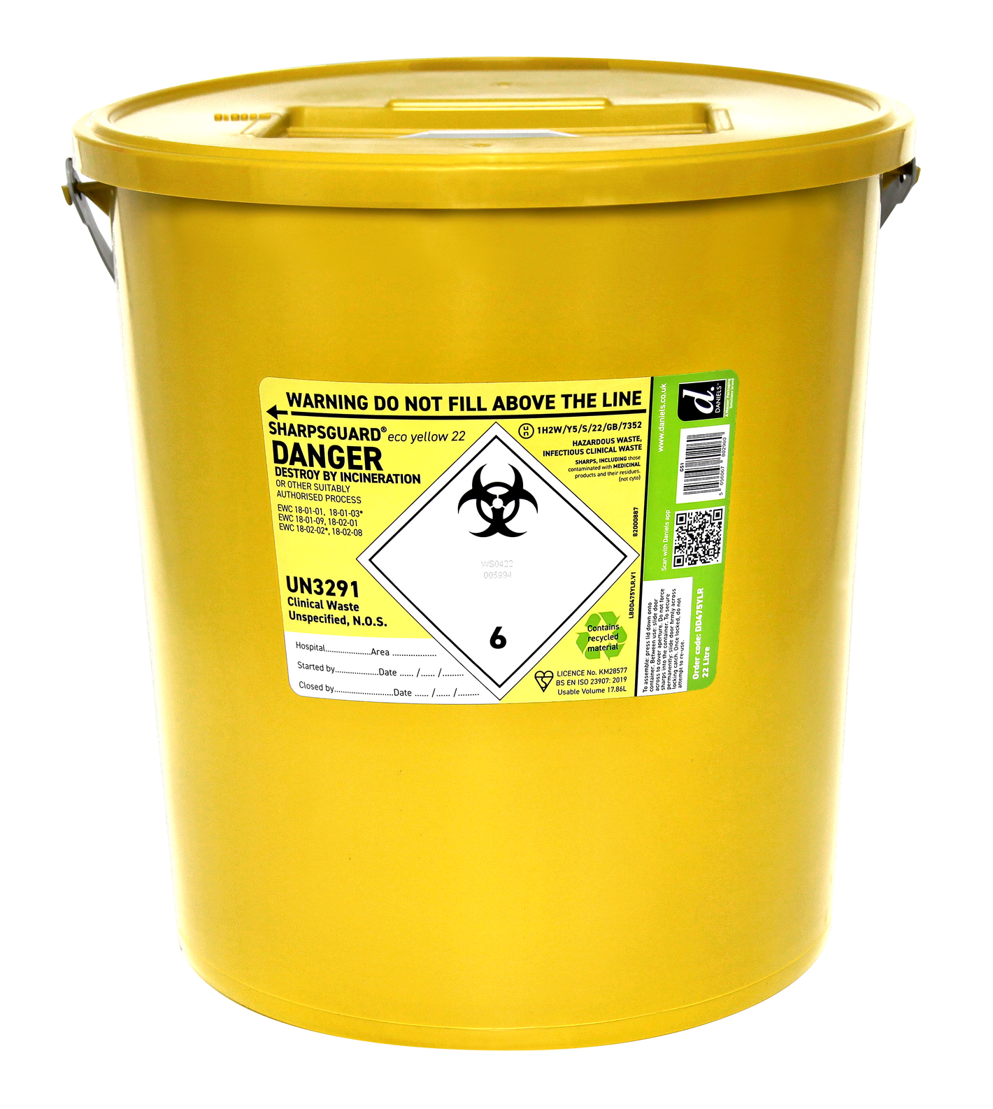 Yellow 22-litre Sharpsguard sharps bin by Daniels, with secure lid and clear labeling for safe medical waste disposal.