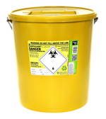 Yellow 22-litre Sharpsguard sharps bin by Daniels, with secure lid and clear labeling for safe medical waste disposal.