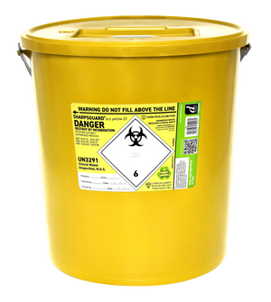 Yellow 22-litre Sharpsguard sharps bin by Daniels, with secure lid and clear labeling for safe medical waste disposal.