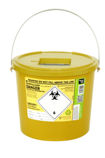 Yellow 7 litre sharps bin with biohazard label for clinical waste disposal