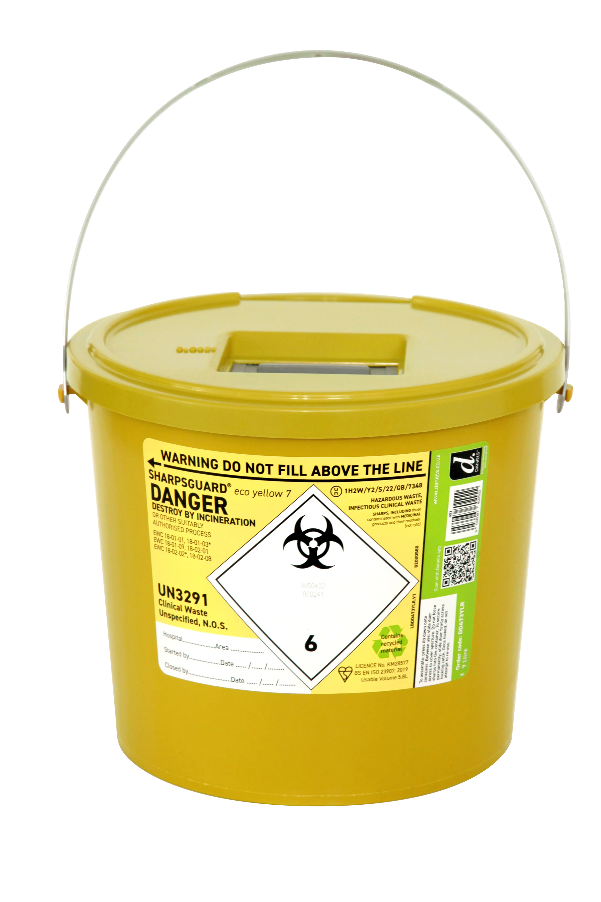 Yellow 7 litre sharps bin with biohazard label for clinical waste disposal