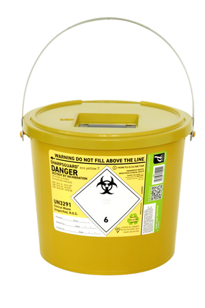 Yellow 7 litre sharps bin with biohazard label for clinical waste disposal