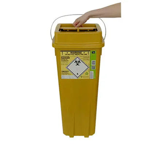 Set of four yellow Daniels SHARPSGUARD® theatre bins with eco-friendly design, used for medical sharps disposal in healthcare settings.