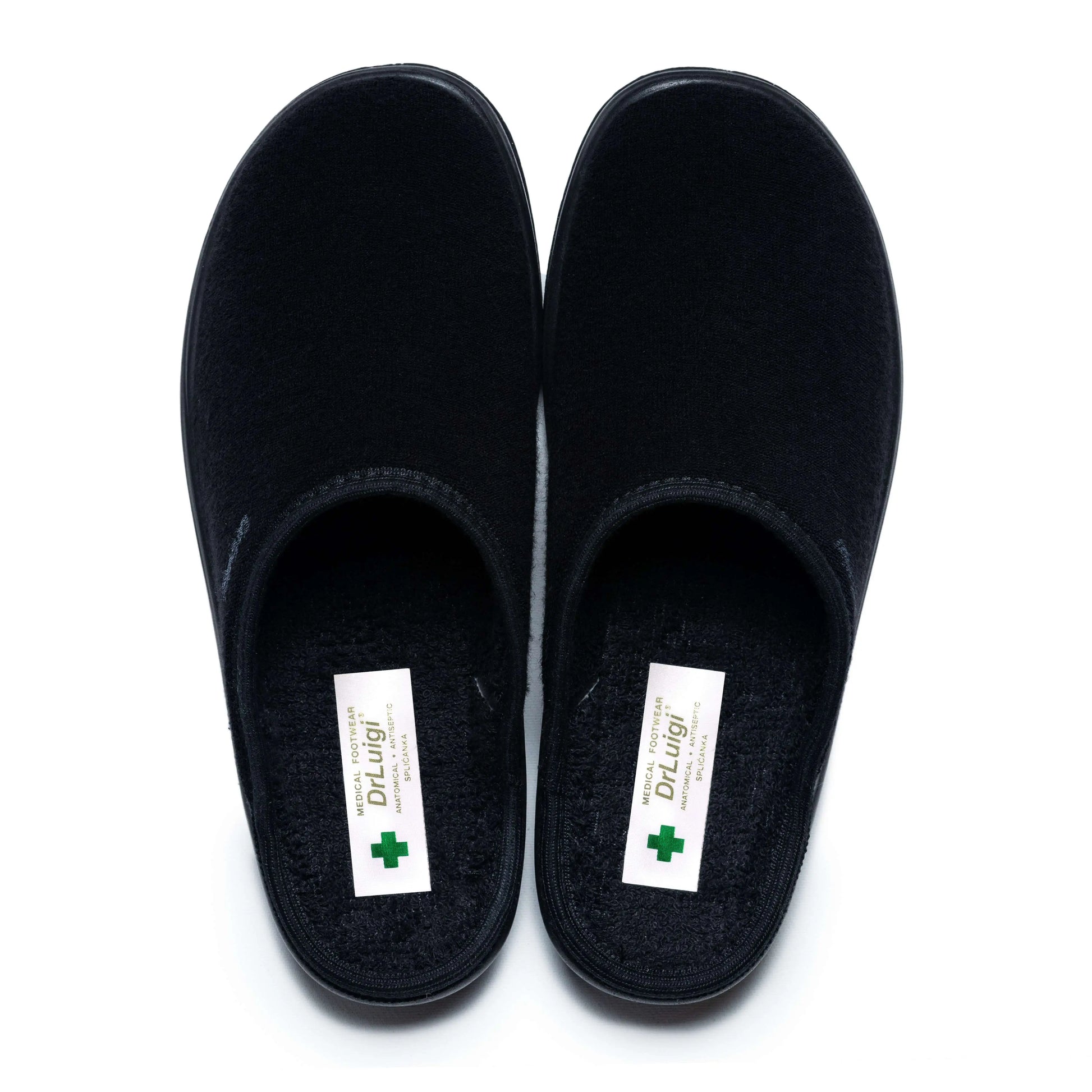 Pair of black medical slippers with closed toe design and Dr Luigi footbed, top view