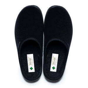 Pair of black medical slippers with closed toe design and Dr Luigi footbed, top view