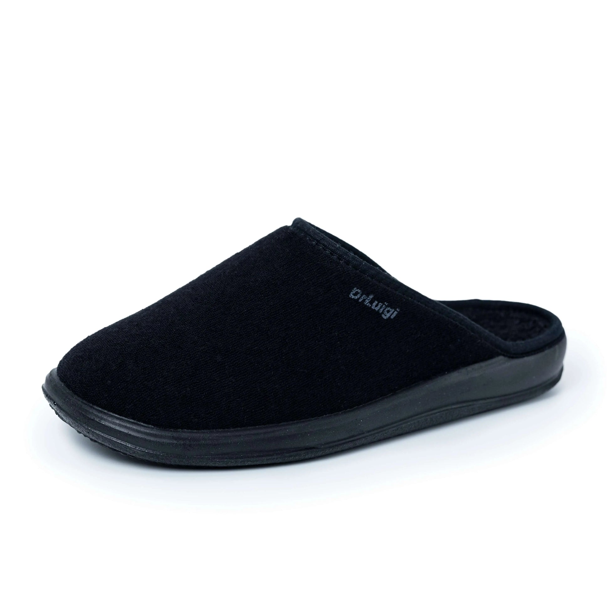 Black orthopedic slipper with soft fabric upper and rubber sole on white background