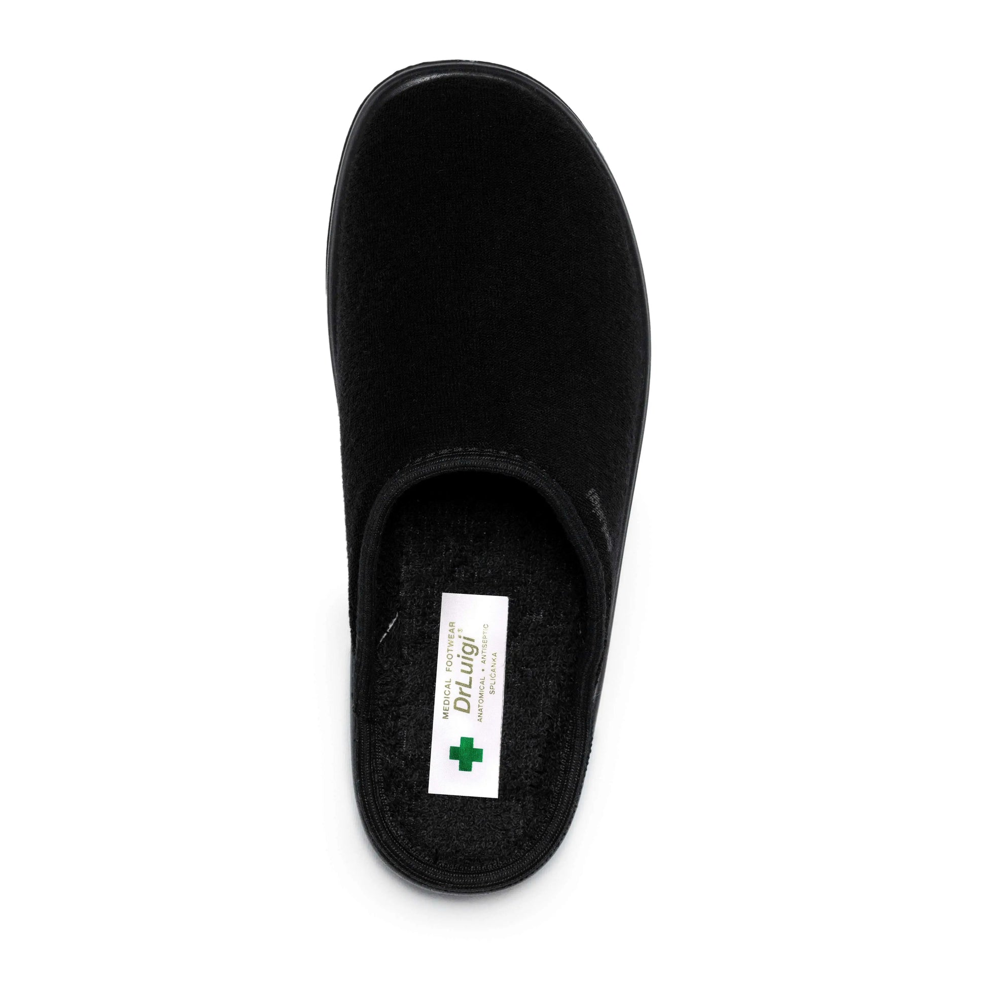 Black medical slipper with closed toe, non-slip sole, and Dr Luigi label, top view